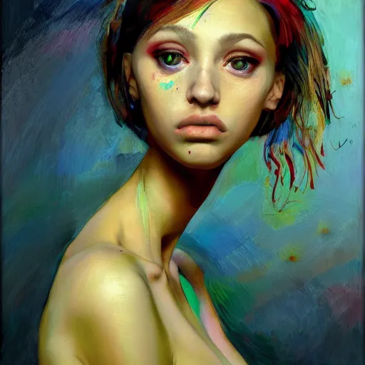 Prompt: portrait of a beautiful stunning girl sitting with full cute face big eyes long neck thin lips full figure seductive sensual alluring attractive, in the style of disco elysium, expressionism, artstation, trending, by aleksander rostov, jenny saville, rembrandt, alex kanevsky, wassily kandinsky, dave mckean, yoshitaka amano