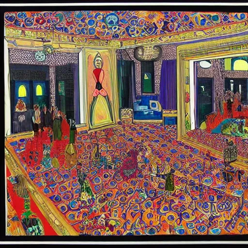 Prompt: A beautiful mixed media art of a large room with many people in it. There is a lot of activity going on, with people talking and moving around. The room is ornately decorated and there is a large window at one end. parchinkari inlay by Grayson Perry, by Edvard Munch loose