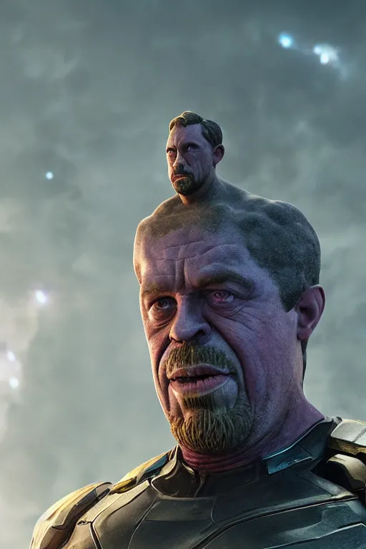 Prompt: A still of Sam Hyde as Thanos in Avengers Endgame, close-up, sigma male, rule of thirds, award winning photo, unreal engine, studio lighting, highly detailed features, interstellar space setting