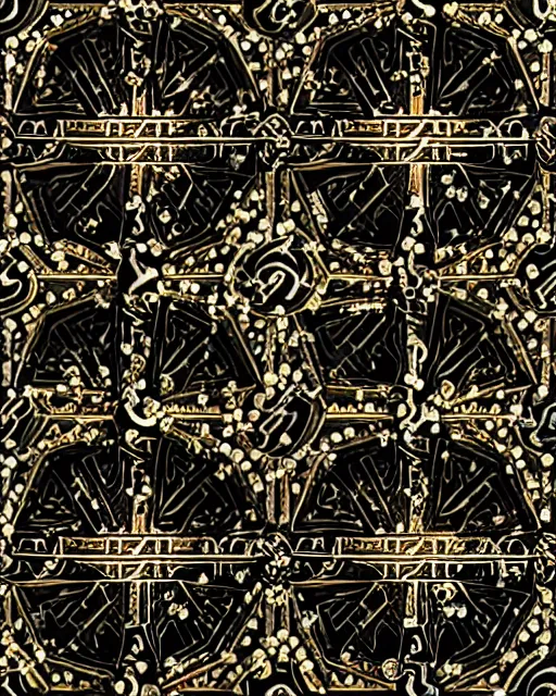 Image similar to a seamless pattern of Tibetan calligraphy on Dark paper, swarovski studded words in metallic and diamond sparkle, Tarot card, Tibetan text script, Tivet manuscript, pearls, diamonds, opal, bvlgari, ultra realistic, sharp focus, symmetric, 8k high definition, insanely detailed, intricate, elegant, Hajime Sorayama, Octane render, unreal engine,