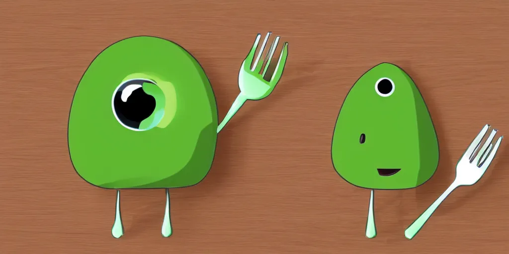 Image similar to cute little smiling avocado robot with cute eyes and forks instead of arms, logo style