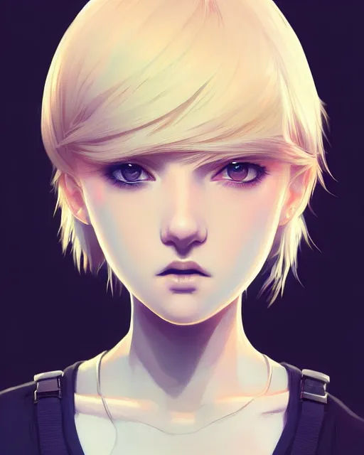 Image similar to really cool up close portrait of a beautiful blonde english emo girl in tshirt, by saruei and guweiz and ilya kuvshinov and rockwell and warhol and range murata!!, magic art, sleek curves, intricate sharp focus, trending on artstation hq, deviantart, pinterest, unreal engine 5, 4 k uhd image