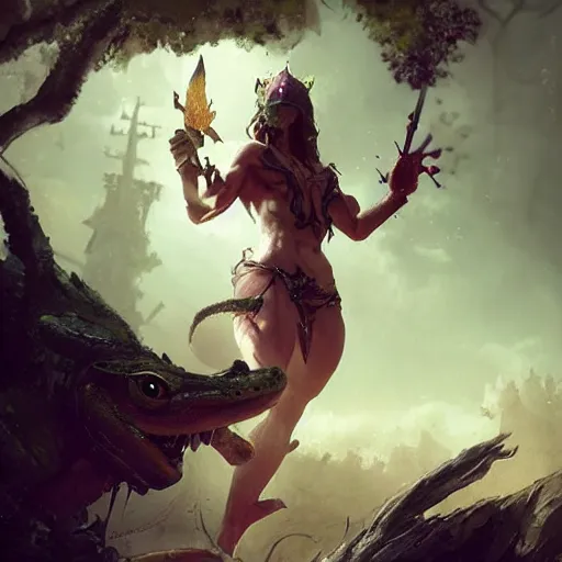 Image similar to scary godlike fairy killing a frog , muscular , upper body , epic , traditional makeup , gorgeous features , Post-processing , low angle , Greg rutkowski legendary matte painting , masterpiece