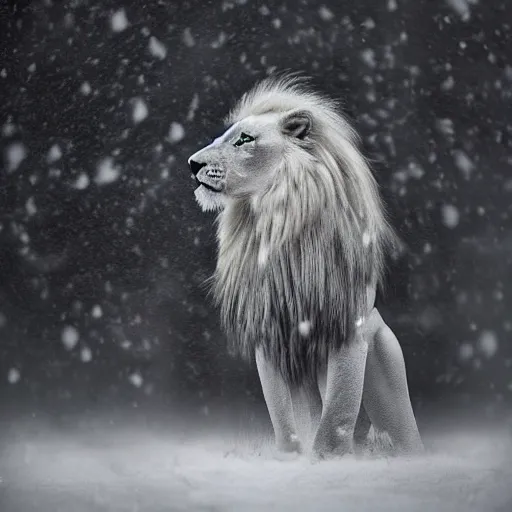 Prompt: an award winning picture of a white lion wearing furs in the snow by Lee Jeffries, 85mm ND 5, perfect lighting in a snow storm