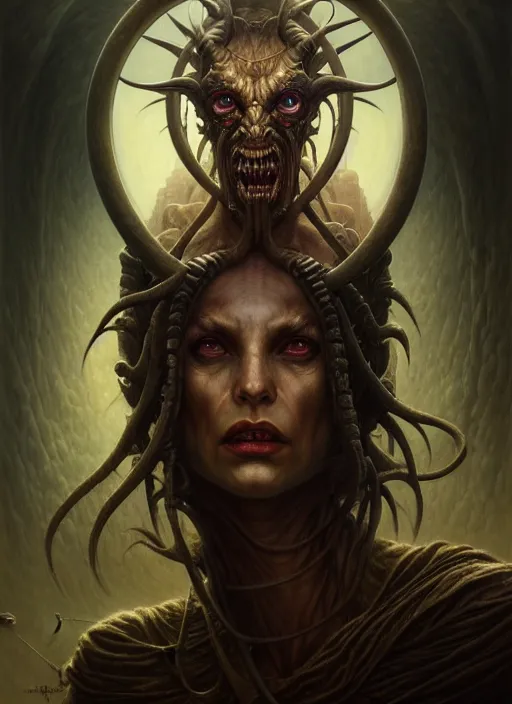 Image similar to portrait shot demon in a scenic dystopian environment, intricate, elegant, highly detailed, centered, digital painting, artstation, concept art, smooth, sharp focus, illustration, artgerm, tomasz alen kopera, peter mohrbacher, donato giancola, joseph christian leyendecker, wlop, boris vallejo