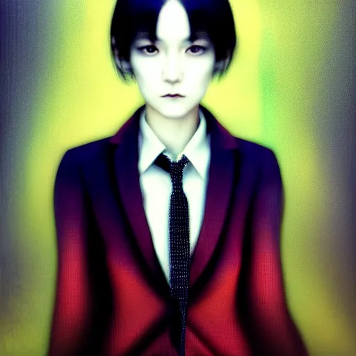 Image similar to yoshitaka amano blurred and dreamy realistic three quarter angle portrait of a young woman with short white hair and black eyes wearing office suit with tie, junji ito abstract patterns in the background, satoshi kon anime, noisy film grain effect, highly detailed, renaissance oil painting, weird portrait angle, blurred lost edges