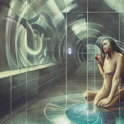 Prompt: vitruvian woman, large hadron collider, dimensional portal, teleportation, wet reflections, prism, atmospheric, ambient, pj crook, syd mead, livia prima, artgerm, greg rutkowski, nick alm, casey baugh