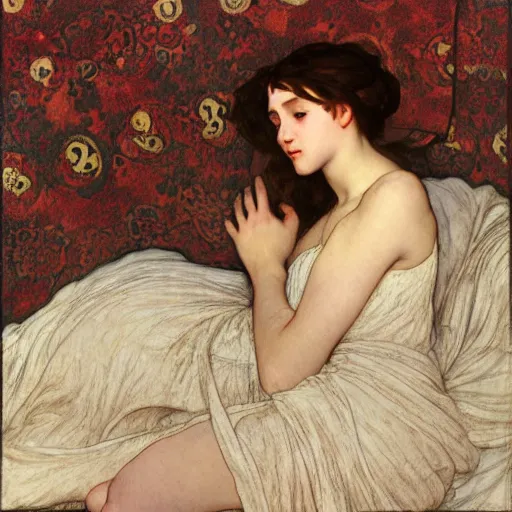 Prompt: a realistic portrait of a teenage girl lying on the floor, wearing a nightgown like Flaming June, by Frederic Leighton, Alphonse Mucha, Edward Burne Jones