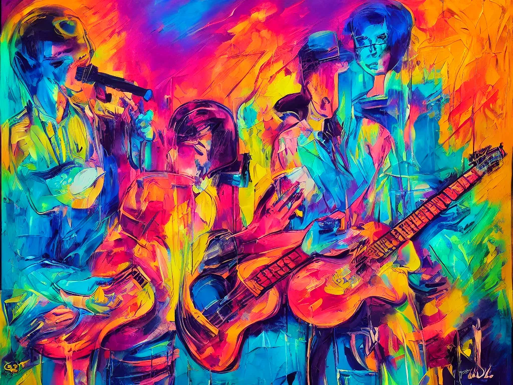 Image similar to music is life, neo funk mixed media with oil paint, thick strokes, canvas, half tone colors, gradients, designed by artstationhq, retro, groovy, low fi,