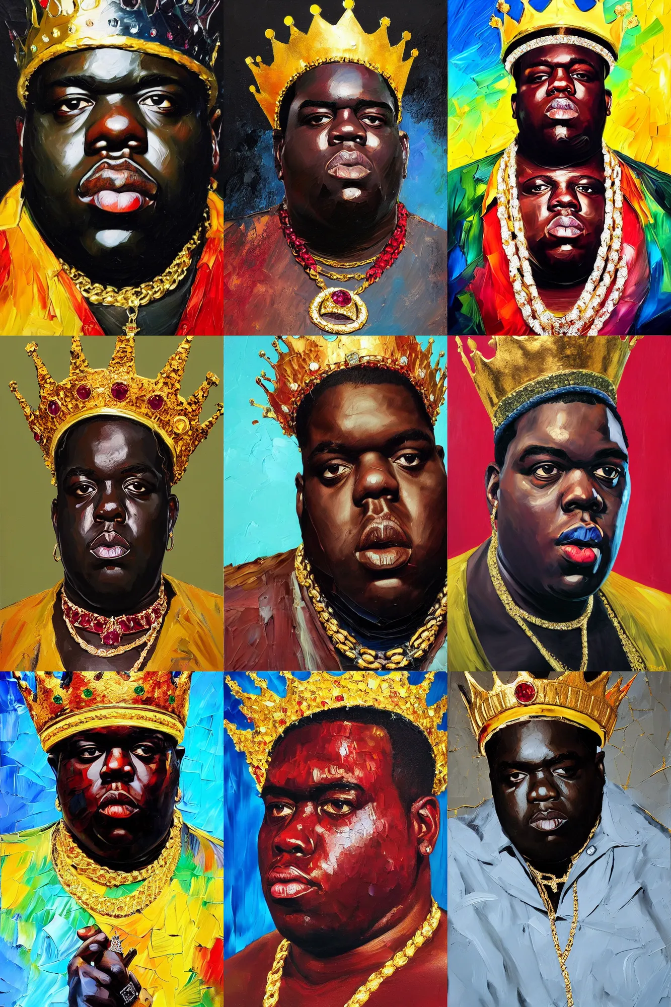 Prompt: palette knife oil painting portrait of notorious big, a king - with gold crown with diamonds and rubies, man in mafia wear and jamaican, body paint, concrete balcony, nightclub, artstation trending, artgerm, any racial background, deviant art, hipster, octane, substance, art history 8 k