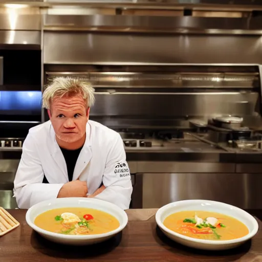 Prompt: <photo hd reaction>Gordon Ramsey reviews delicious soup</photo>