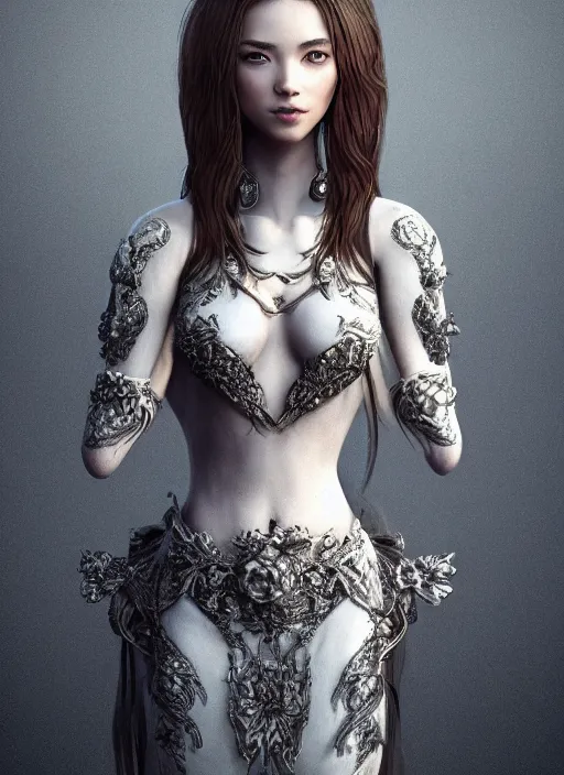 Image similar to full body portrait of a gorgeous young woman, highly detailed, intricate, elegant, art by grafit studios and stefan kostic and 翼次方CG, concept art, illustration, smooth, sharp focus, unreal engine, artstation