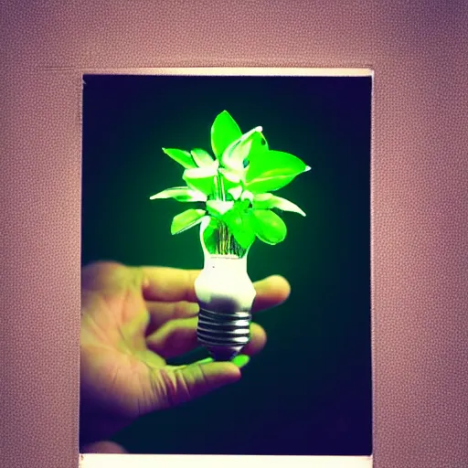 Prompt: a glowing lightbulb, with a plant inside, polaroid photo, surreal,