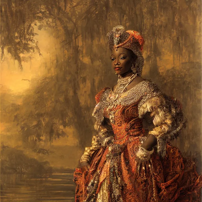 Image similar to longing look of an african empress at sunrise, portrait, highly detailed, backlit, bourgeoise, extremely opulent, ornate art, pompous, ornamental, richly detailed, digital art by wlop, adolph menzel, carvaggio