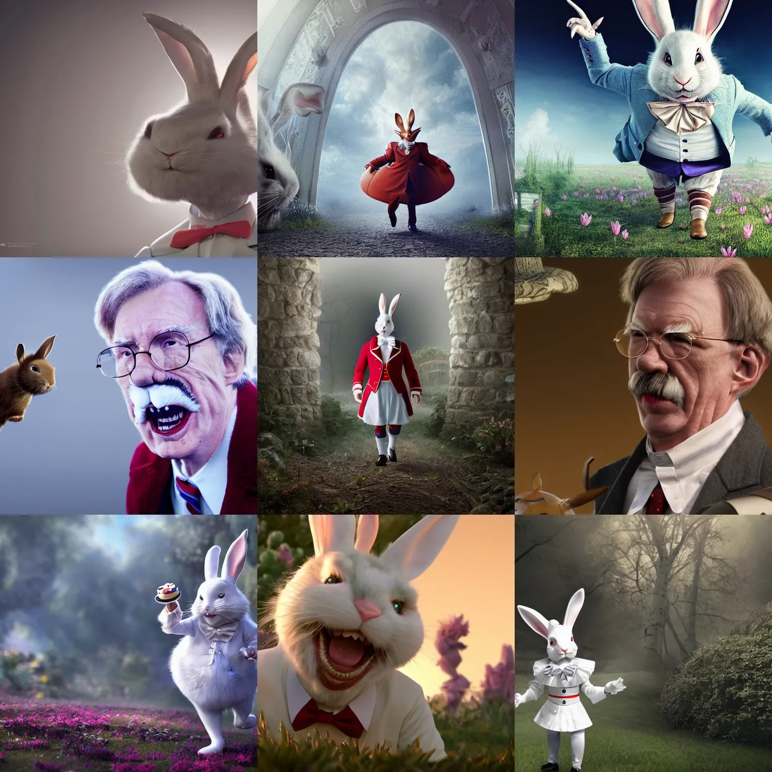 Prompt: a wide angle shot of John Bolton, U.S. National Security Advisor, as the white rabbit from 'Alice in Wonderland' escaping from a hunter , hyper-realistic, sharp focus, highly detailed, depth of field, High definition, 8k, octane render, artstation