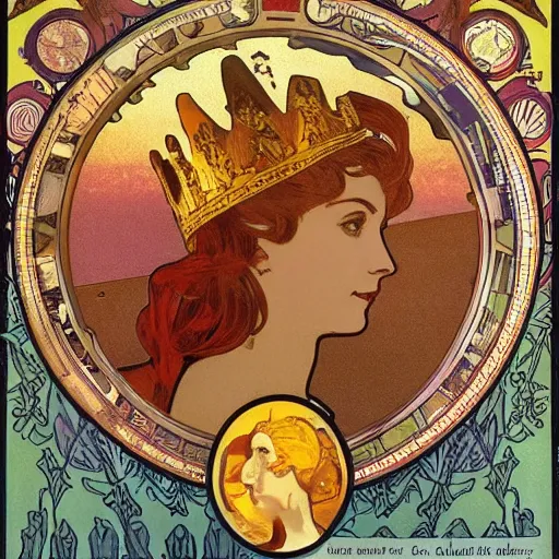 Image similar to a golden crown half berried at the beach : : cellulose : : 1 dusk : : 1 alphonse mucha : : 1