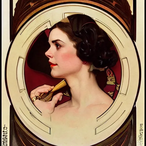 Image similar to portrait of beautiful woman by jc leyendecker, by norman rockwell, by alphonse mucha, by greg rutkowski