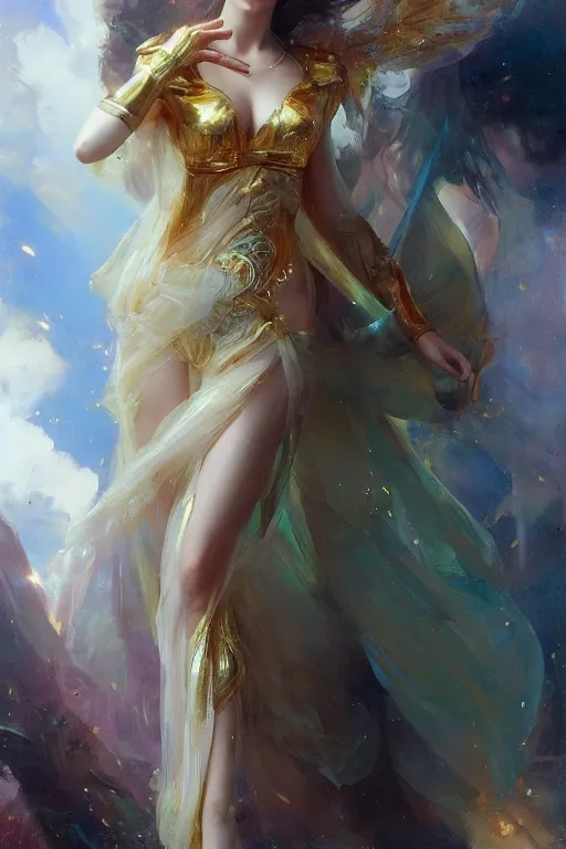 Image similar to cyberpunk beautiful girl, body golden armor, flowing gown by vladimir volegov and alexander averin and delphin enjolras and daniel f. gerhartz