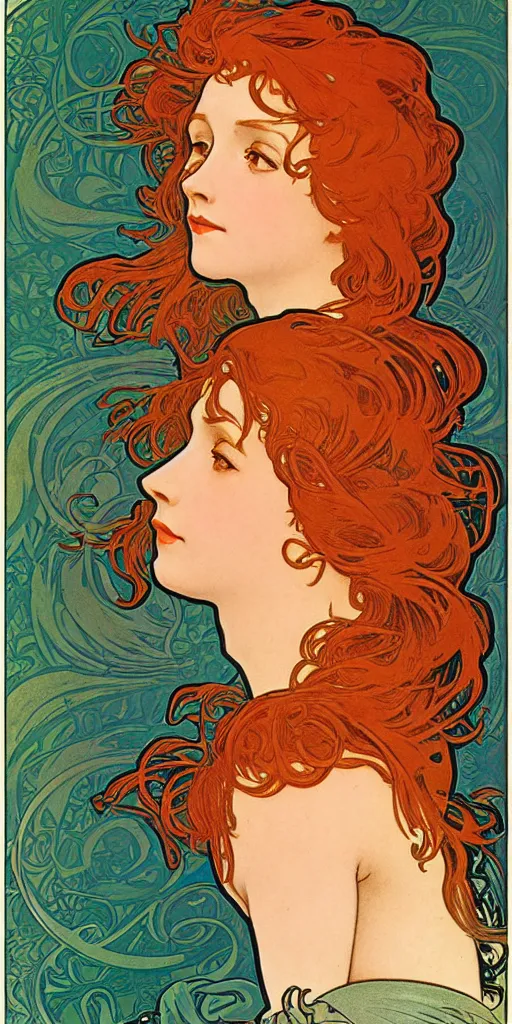 Image similar to highly detailed redhead woman poster style by designer alphonse mucha, maxfield parrish