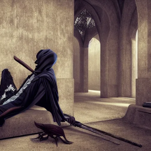 Prompt: grim reaper relaxing, fantasy, intricate, sharp focus, contemporary fashion shoot, by edward robert hughes, annie leibovitz and steve mccurry, david lazar, jimmy nelsson, extremely detailed, hyperrealistic, perfect face, octane render