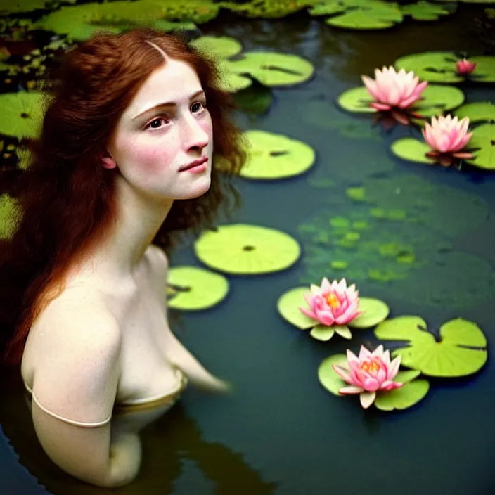 Prompt: Kodak Portra 400, 8K, soft light, volumetric lighting, highly detailed, britt marling style 3/4 ,view from above of close-up portrait photo of a beautiful woman how pre-Raphaelites painter, part of the face is emerging of a pond with water lilies, , she has a beautiful lace dress and hair are intricate with highly detailed realistic beautiful flowers , Realistic, Refined, Highly Detailed, natural outdoor soft pastel lighting colors scheme, outdoor fine art photography, Hyper realistic, photo realistic,warm lighting,