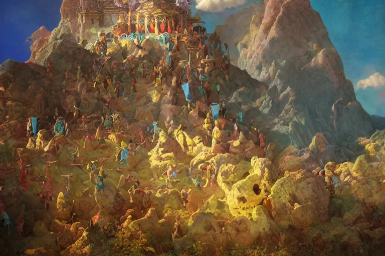 Prompt: skeletons attacking a tibetian temple in the mountains, beautiful day, concept art, beautiful, by maxfield parrish, by gustave dore, by peter mohrbacher, sharp focus, vivid color, rainbowshift, octane render, cgi, rule of thirds