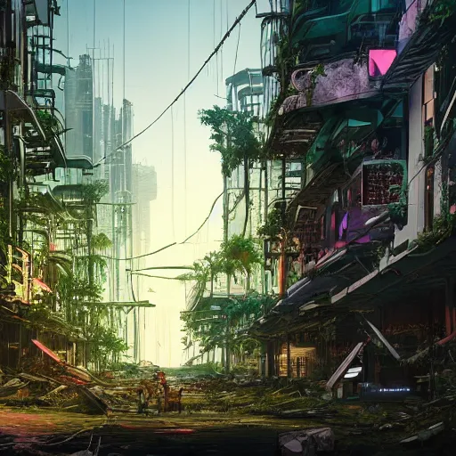 Prompt: cyberpunk city in ruin, overgrown, nature returning, lush vegetation and animals