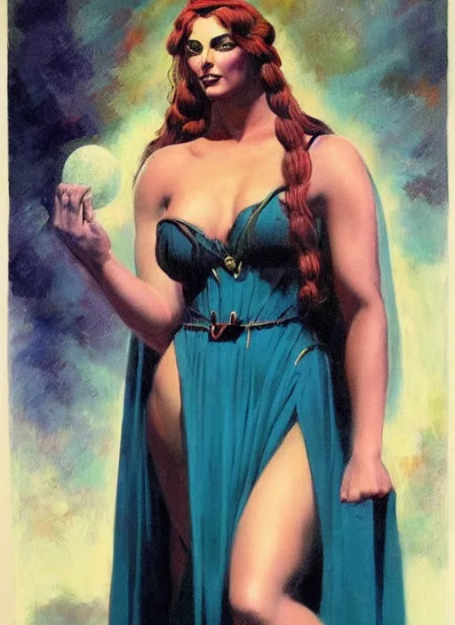 Prompt: portrait of plump norse goddess of the moon, teal robe and veil, strong line, deep color, beautiful! coherent! by frank frazetta, by boris vallejo