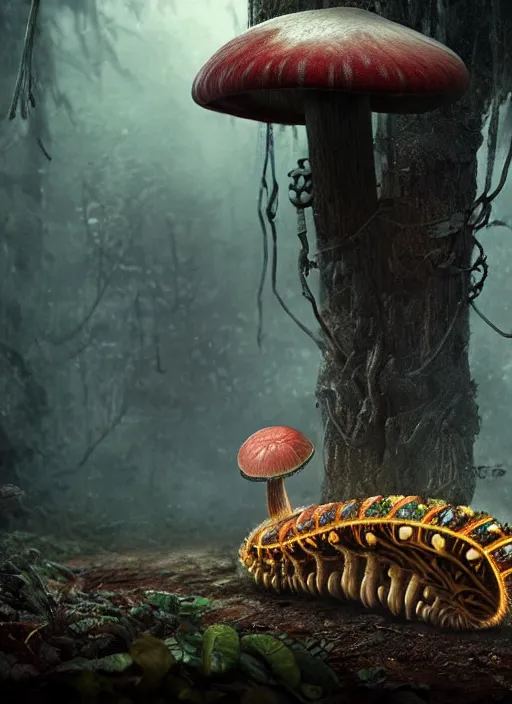 Image similar to portrait of an intricate mechanical caterpillar sitting on a mushroom in a magical forest. Very detailed 8k. Fantasy cyberpunk horror. Sharp. Cinematic post-processing