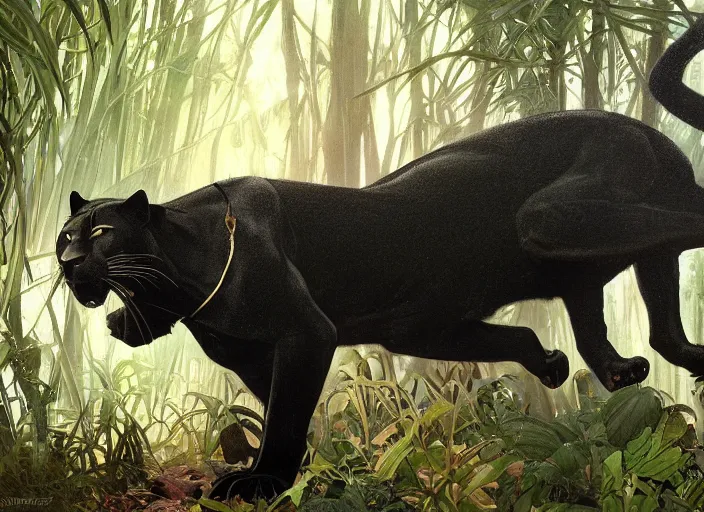 Image similar to animal concept of a black panther melanistic deep black leopard walking on a lush intricate tree, accurately portrayed, portrait art by alphonse mucha and greg rutkowski, highly detailed, digital painting, concept art, illustration, dim lighting with twilight rays of sunlight, trending on artstation, very detailed, smooth, sharp focus, octane render, close up