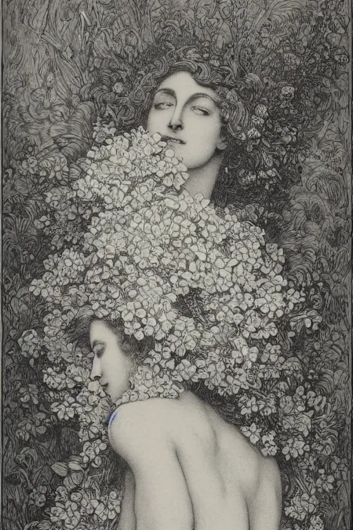 Prompt: black and white, woman in flowers, Gustave Dore lithography