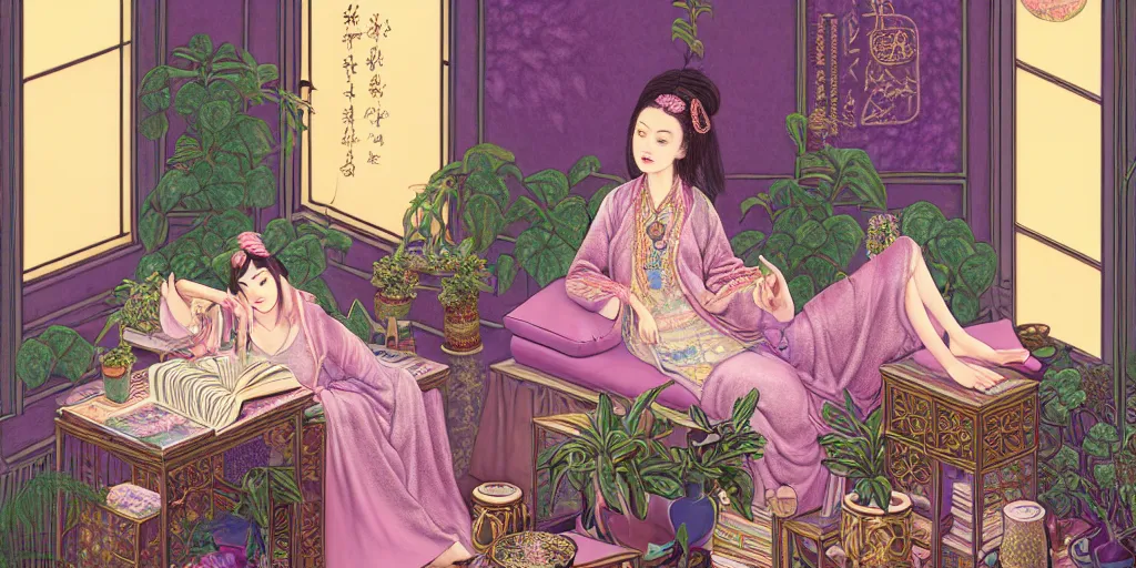 Prompt: a pastel drawing of a woman wizard, ornate clothing, lounging on a purpur pillow on the marbled checkered floor in her study room reading an ancient tome. to the side is a potted plant, moody candlelit raytracing. ancient oriental scifi fantasy setting. 4 k key art. by chie yoshii