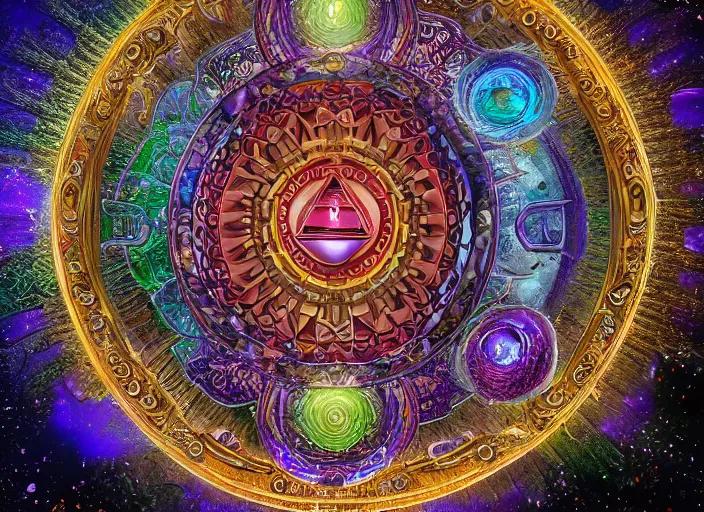 Image similar to hyperrealism, detailed textures, photorealistic 3 d render, a mystical wizard wearing a beautifully coloured tibetan kalachakra crystal mandala with sanskrit writing, sharp focus, ultra realistic, ultra high pixel detail, cinematic, intricate, cinematic light, concept art, illustration, art station, unreal engine 8 k