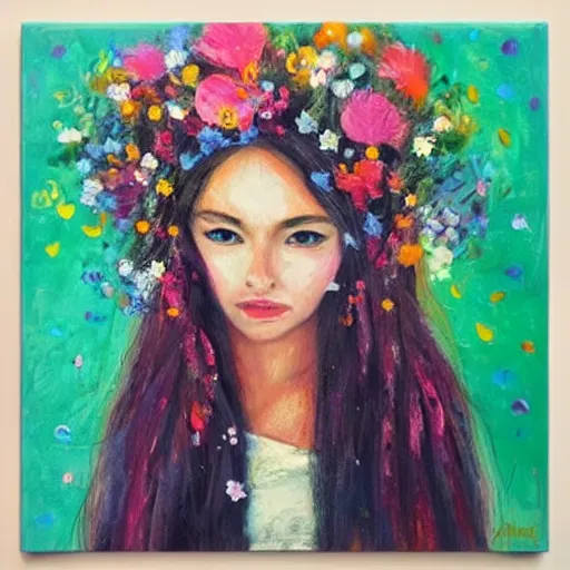 Prompt: portrait of a female with flowers in hair, bokeh, morning light, artist juliette belmonte's profile on artfinder. buy paintings by juliette belmonte and discover thousands of other original paintings, prints, sculptures and photography from independent artists