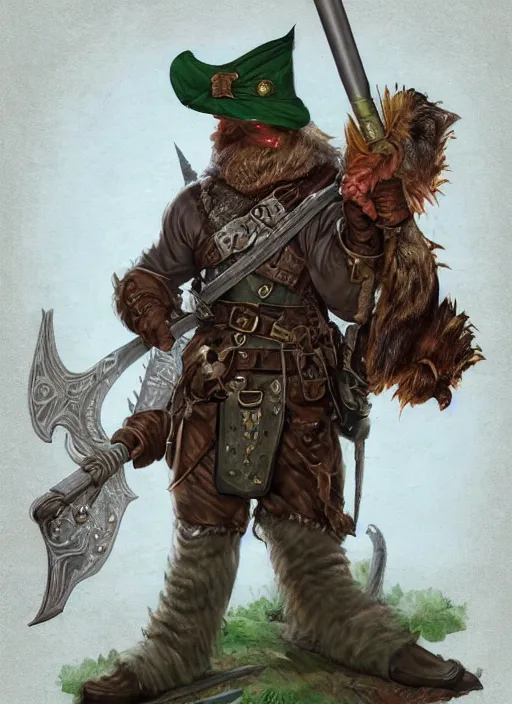 Image similar to strong young man, photorealistic bugbear ranger holding a flaming sword, black beard, dungeons and dragons, pathfinder, roleplaying game art, hunters gear, jeweled ornate leather and steel armour, concept art, character design on white background, by alan lee, norman rockwell, makoto shinkai, kim jung giu, poster art, colours red and green