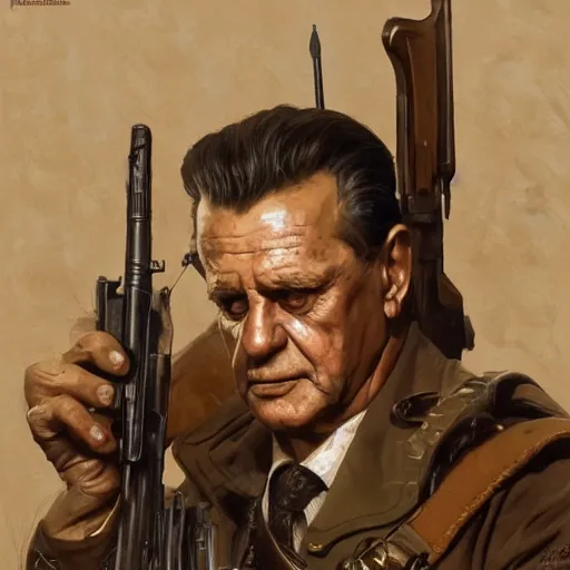 Prompt: portrait of josip broz tito holding a rifle, deep focus, d & d, fantasy, intricate, elegant, highly detailed, digital painting, artstation, concept art, matte, sharp focus, illustration, art by artgerm and greg rutkowski and alphonse mucha