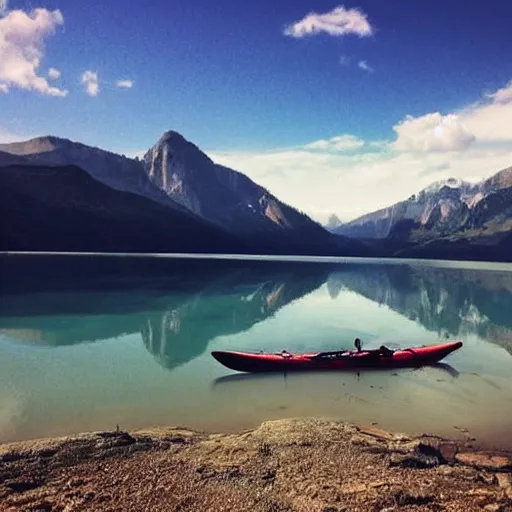 Image similar to a beautiful image of a breathtaking lake with amazing mountains in the background, there is a kayak in the foreground on the beach, landscape