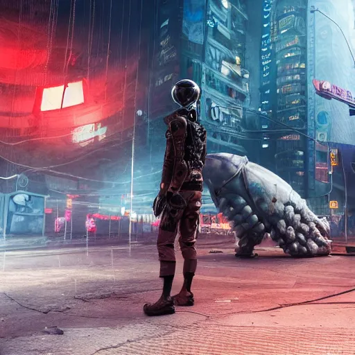 Image similar to a giant shrimp standing in a dystopian city, cyberpunk, dystopian, god, evil, villain, sharp focus, dynamic lights, still, photograph, hyper realistic, masterpiece, digital, octane render, rendered, 3 d, cinematic, cinematic lighting, dramatic lighting, highly detailed, intricate details, texture, cinematic composition, by donglu yu and kevin jick and eddie del rio