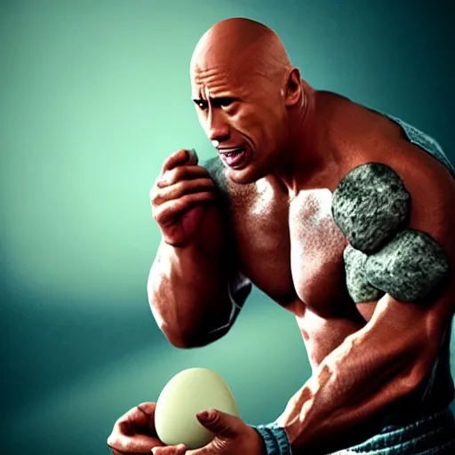 Image similar to dwayne the rock johnson with a egg for a head, dazzling lights, dramatic lighting, photorealistic, cinematic scene, super detailed, hyper realistic, bright lights