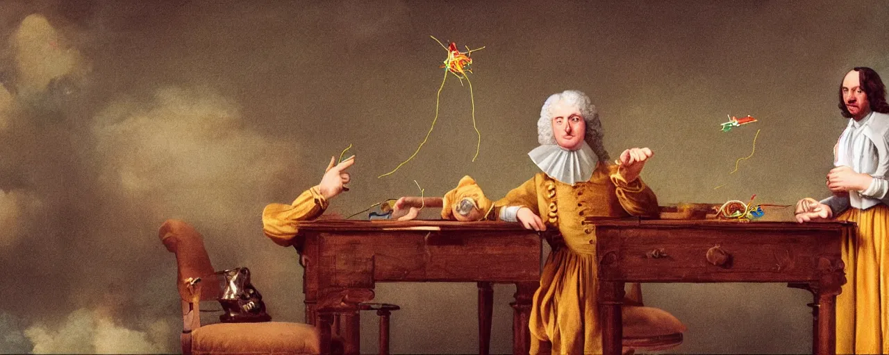 Prompt: sir isaac newton dispersing a prism with spaghetti, 1 7 0 0 s, kodachrome, in the style of wes anderson, retro