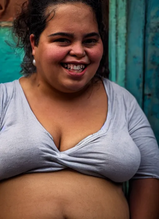 Image similar to close up portrait of a beautiful, chubby, 30-year-old Cuban woman, happy, candid street portrait in the style of Martin Schoeller, award winning, Sony a7R