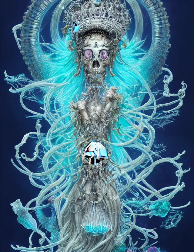 Image similar to goddess macro shouler portrait from bottom to top in crown made of ram skull. betta fish, jellyfish phoenix, bioluminiscent, plasma, ice, water, wind, creature, super intricate ornaments artwork by tooth wu and wlop and shofff and greg rutkowski