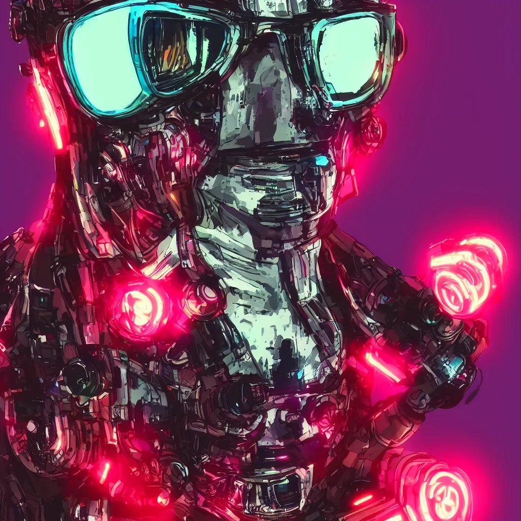 Prompt: Male cyborg, battle-damaged, wearing facemask and sunglasses, backlit by neon”, headshot, cyberpunk, Digital art, detailed, anime, vibrant colors, 8k, realistic