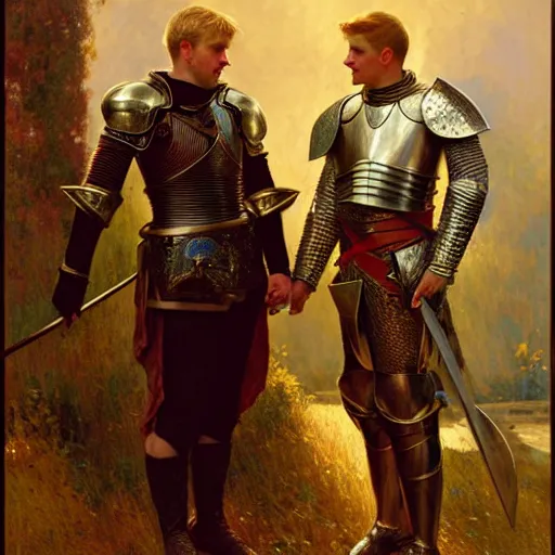 Image similar to attractive arthur pendragon and his attractive male knight, they are in love, natural lighting, path traced, highly detailed, high quality, digital painting, by gaston bussiere, craig mullins, alphonse mucha j. c. leyendecker