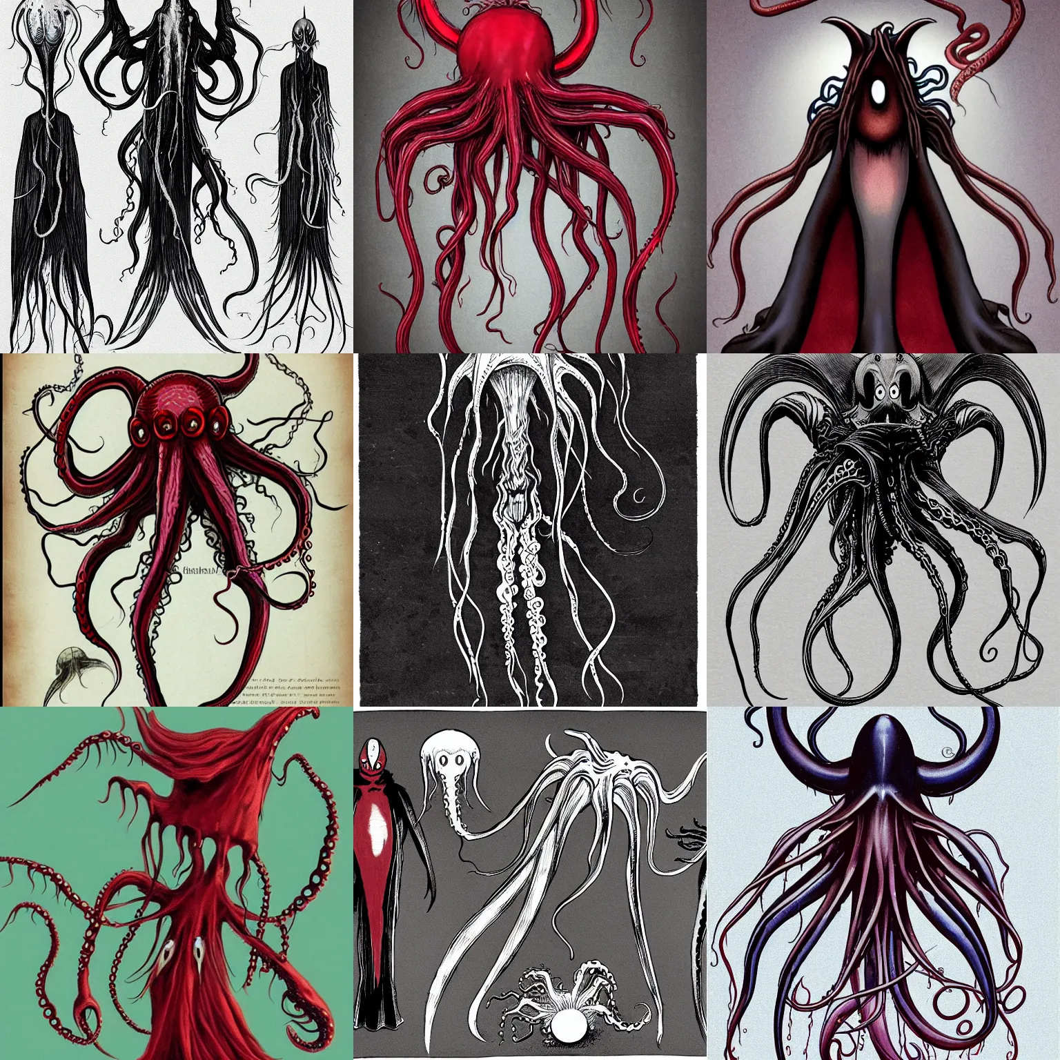 Prompt: a cartoon vintage vampire themed tall thin kracken Portuguese man o war jellyfish octopus thing with big black alien eyes and a squid beak for a mouth with three webbed tentacle arms connected by a bat like membrane like a cape and skinny thin human legs wearing dark crimson red ninja garb based on vampire cloaks as character design sheets that focuses on an ocean setting with help from lead artist Andy Suriano for rise of the teenage mutant ninja turtles on nickelodeon using artistic cues from lead character designer for ratchet and clank rift in time and hazbin hotel by Vivienne medrano