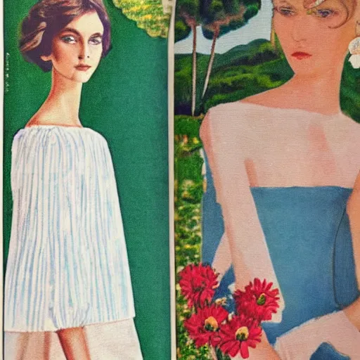 Prompt: 1 9 7 6 italia vogue magazine photo of a dress with cotton set, christian dior style, flowers and mediterranean beach fake background painting