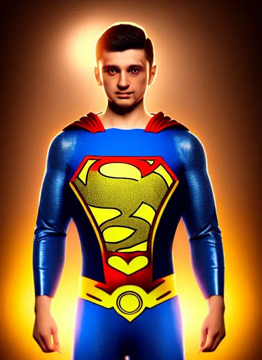 Image similar to volodymyr zelenskyy, ukrainian superman, ukrainian national clothes, portrait of young man, 8 k ultra realistic, lens flare, atmosphere, glow, detailed, intricate, full of colour, led lighting, 4 k, hyperrealistic, focused, extreme details, unreal engine 5, masterpiece