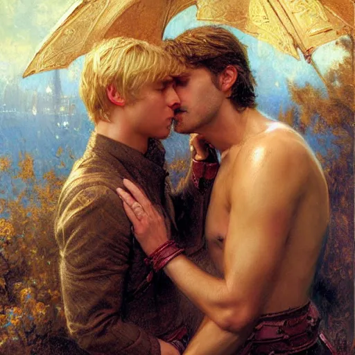 Image similar to attractive male, blond hair, arthur pendragon confesses his love to attractive male, dark hair, merlin. highly detailed painting by gaston bussiere, craig mullins, j. c. leyendecker 8 k