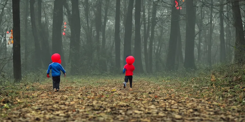 Prompt: little boy with red sweatshirt walking in a dark path in the woods with fog building up and a glowing red balloon in the background