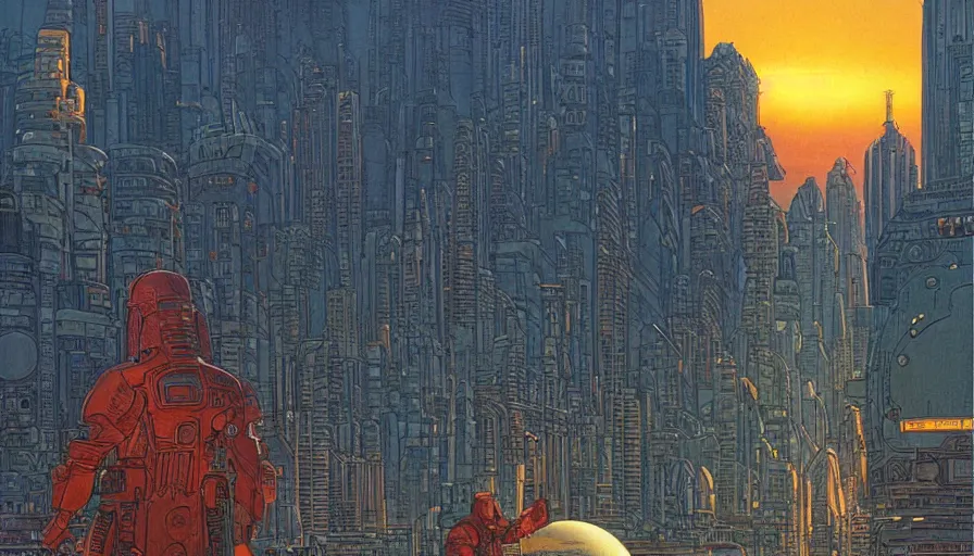 Image similar to Sun setting in a utopian futuristic cityscape with a bounty hunter in the foreground, by Jean Giraud, by Moebius, highly detailed, oil on canvas